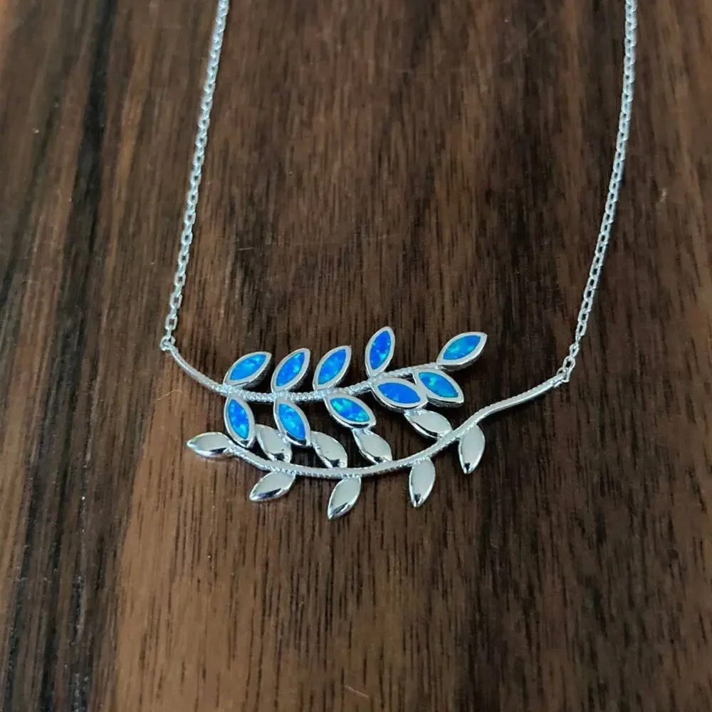 Sterling Silver Necklace with Blue Opalite Leaves - 925 Stamped - 17 in - NEW